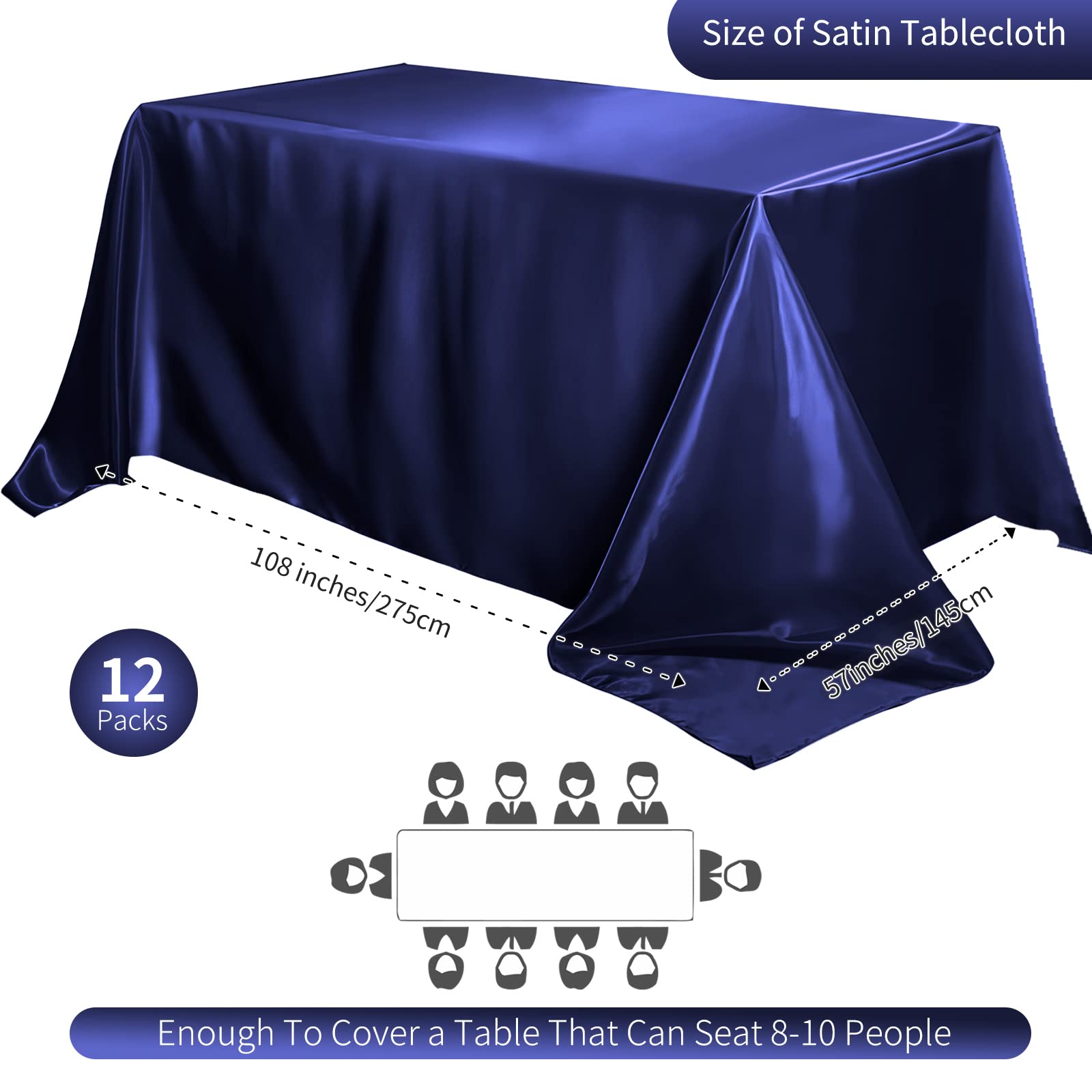 Paquete de 12 manteles rectangulares de satén para boda, de seda brillante, para bodas, banquetes, fiestas, eventos, decoración de mesa de celebración de cumpleaños (57 x 108 pulgadas, azul marino)