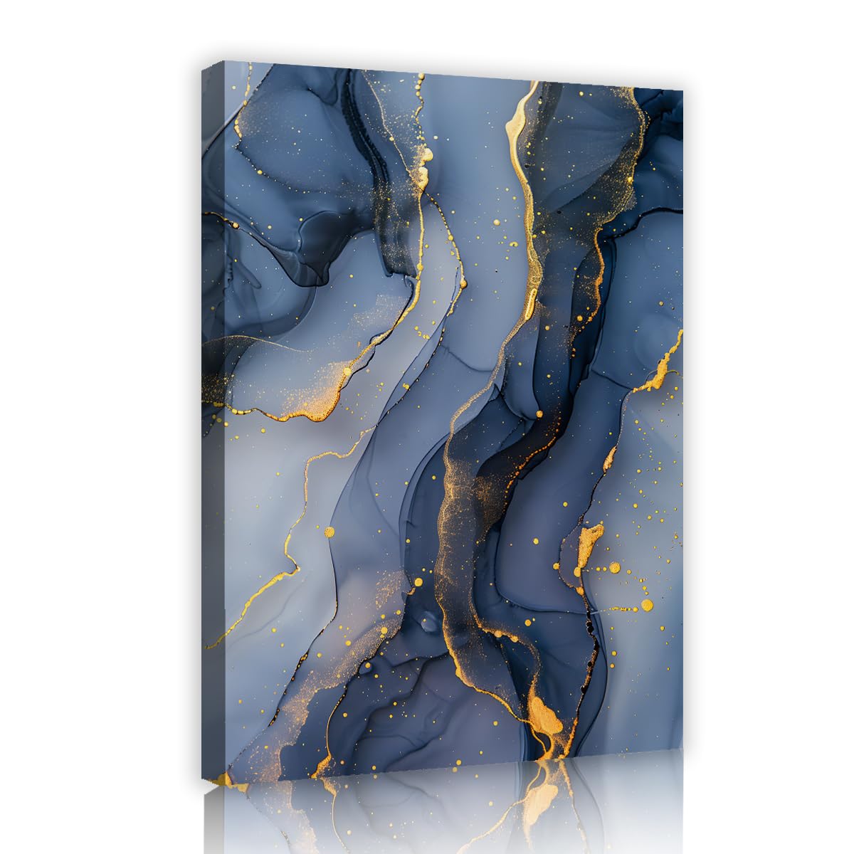 TOANGWALL Elegant Navy Blue Gold Foil Abstract Framed Canvas Wall Art Modern Alcohol Ink Marble Poster Pictures Ready to Hang for Dining Room Hallway Decor 80x120cm