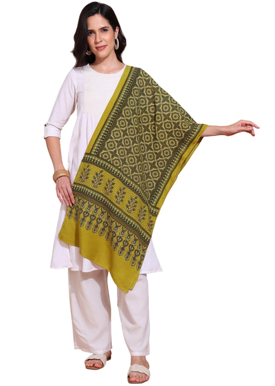 amrozia Ajrakh Natural Dyed Mustard Block Print Rayon Stole-picture-51