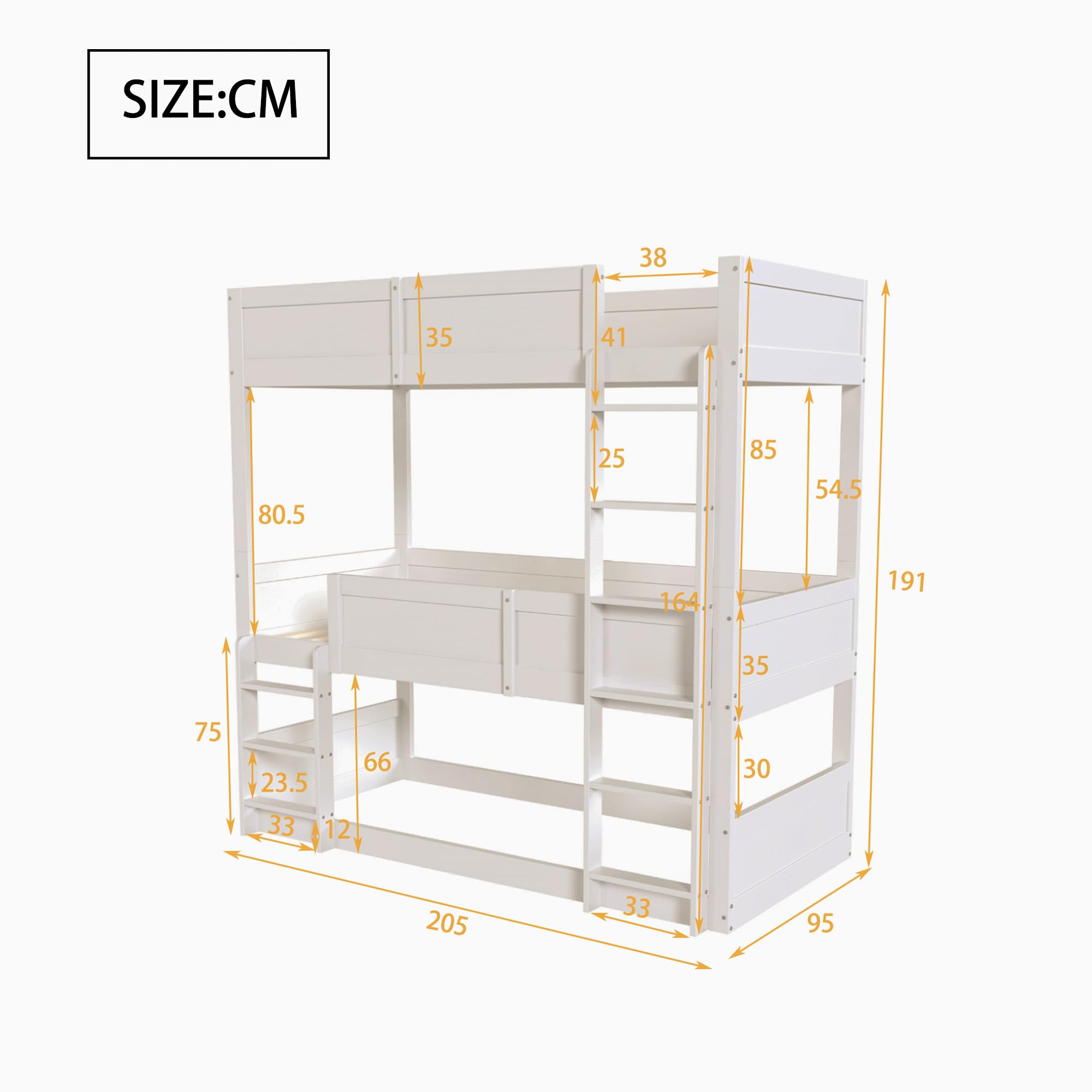 Łóżko piętrowe 3-osobowe 90 x 200 cm, potrójne łóżko z wysokim baldachimem, drewniana rama łóżka z 2 stelażami listwowymi do sypialni dla nastolatków i studia