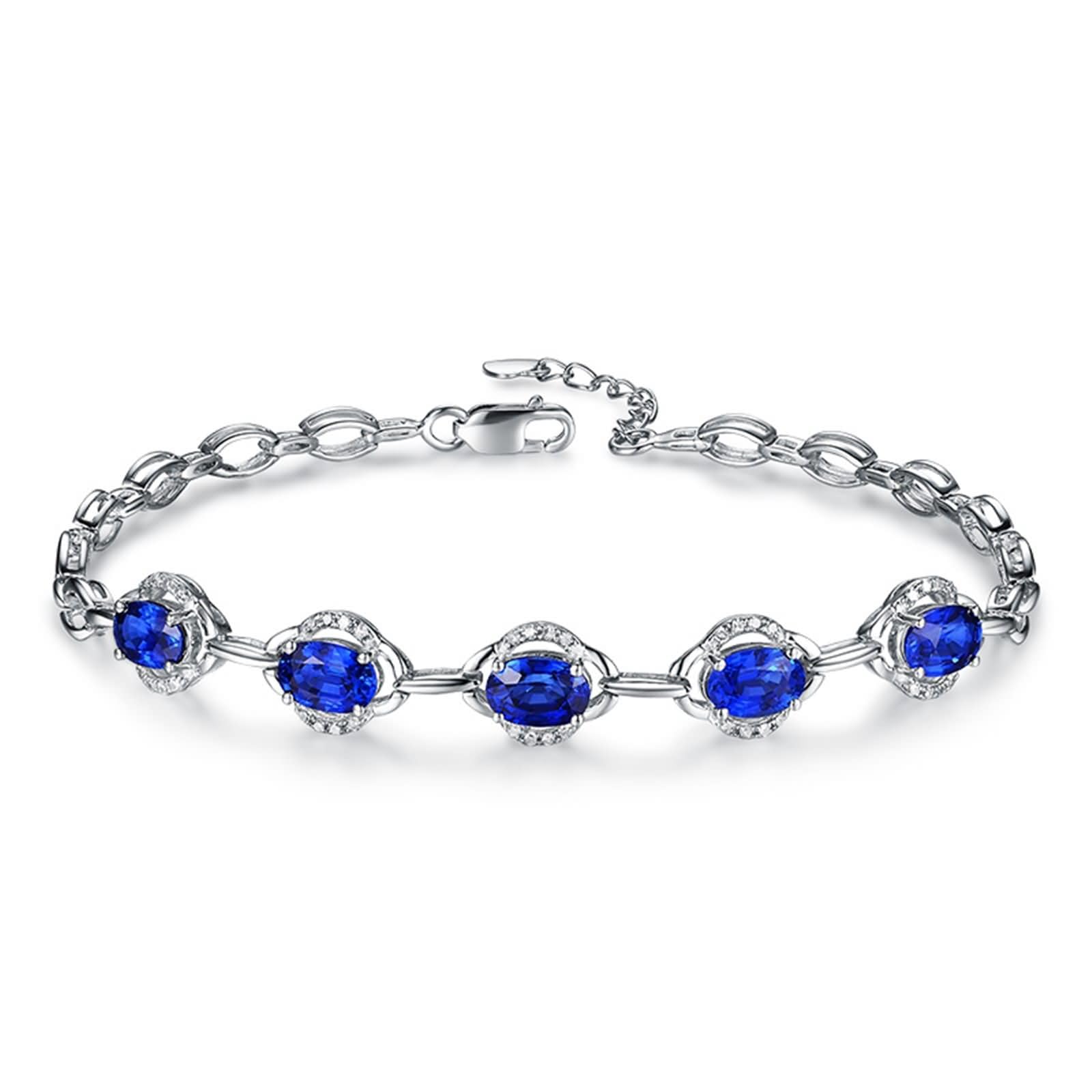 Pulsera de Mujer Oro Blanco 9Kilates / 14Kilates / 18Kilates, Oval con Zafiro y Diamante, Cadena Extensible 16 CM + 5 CM, Pulseras de Plata Azul de Mujer Ajustable