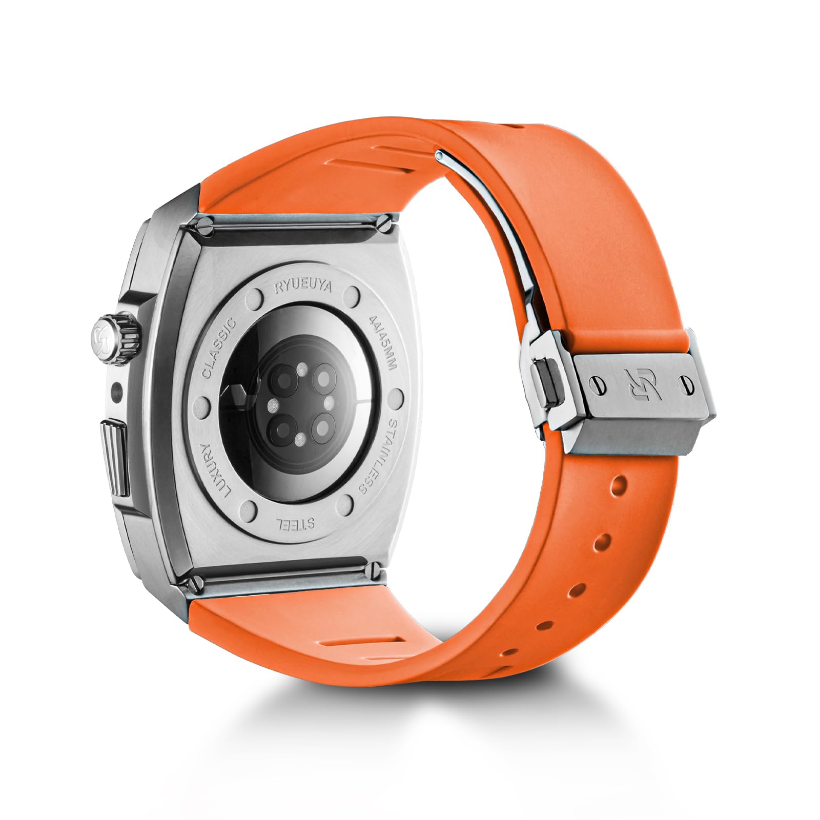 RYUEUYA - Carcasa de acero inoxidable y correa de piel para Apple Watch Series 9, 8, 7, 6 SE, 44/45 mm, funciones tácticas y correa de cambio rápido para iWatch