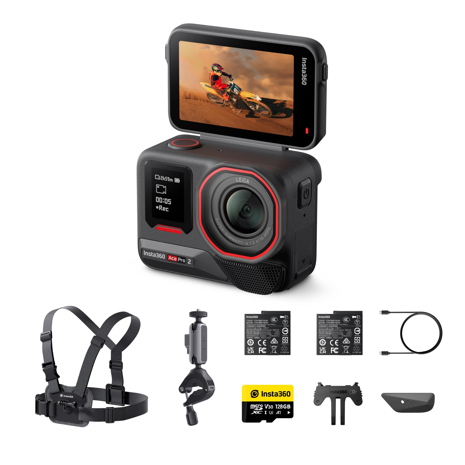 Insta360 Ace Pro 2 Bike Bundle Dual Battery - 8K Waterproof Action Camera Co-Engineered with Leica, 1/1.3" Sensor, Dual AI Chip, Leading Low Light,
