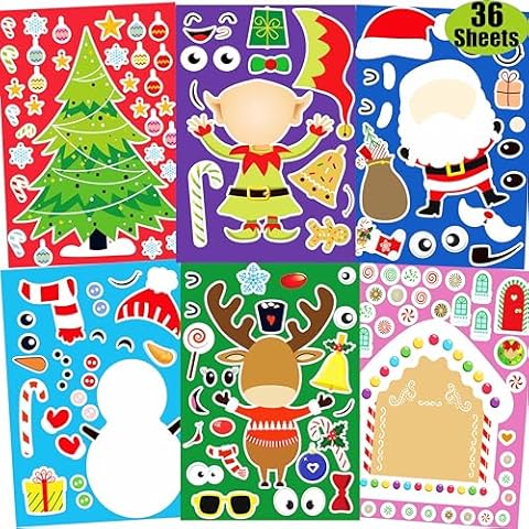 36 Sheets Christmas Stickers for Kids Christmas Stickers for Crafts Make Your Own Christmas Stickers Christmas Party Games Santa Snowman Reindeer Face Stickers Christmas Stickers Bulk Cover