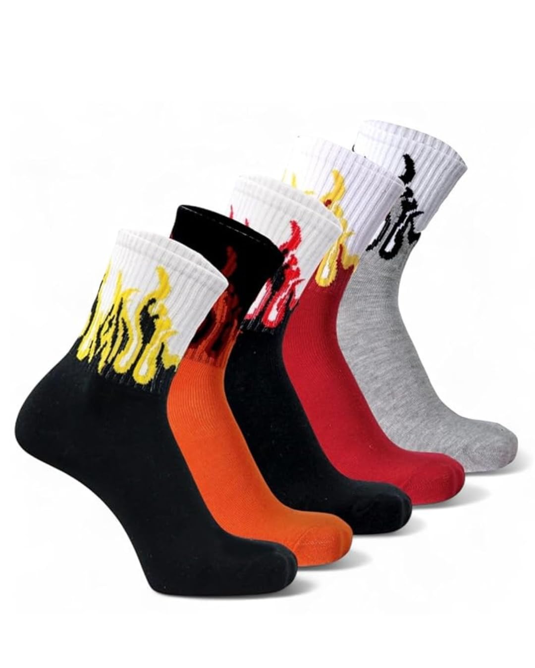 Flame Print Crew Ankle Socks for Men and Women in Unisex Street Style, 5 Multicolor Pairs-image-35