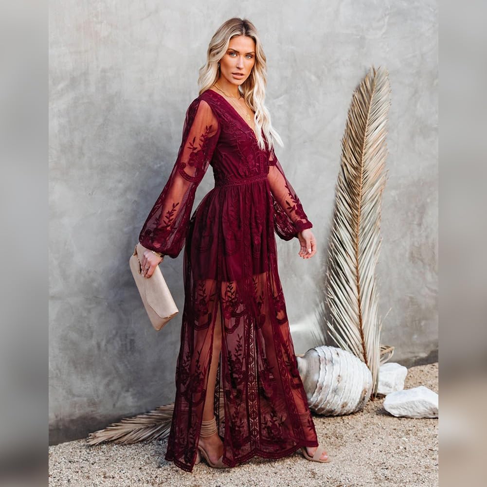 OBEEII Women's V Neck Short Sleeve Floral Lace Maxi Dress for Wedding Bridesmaid Engagement Photo Cocktail Party