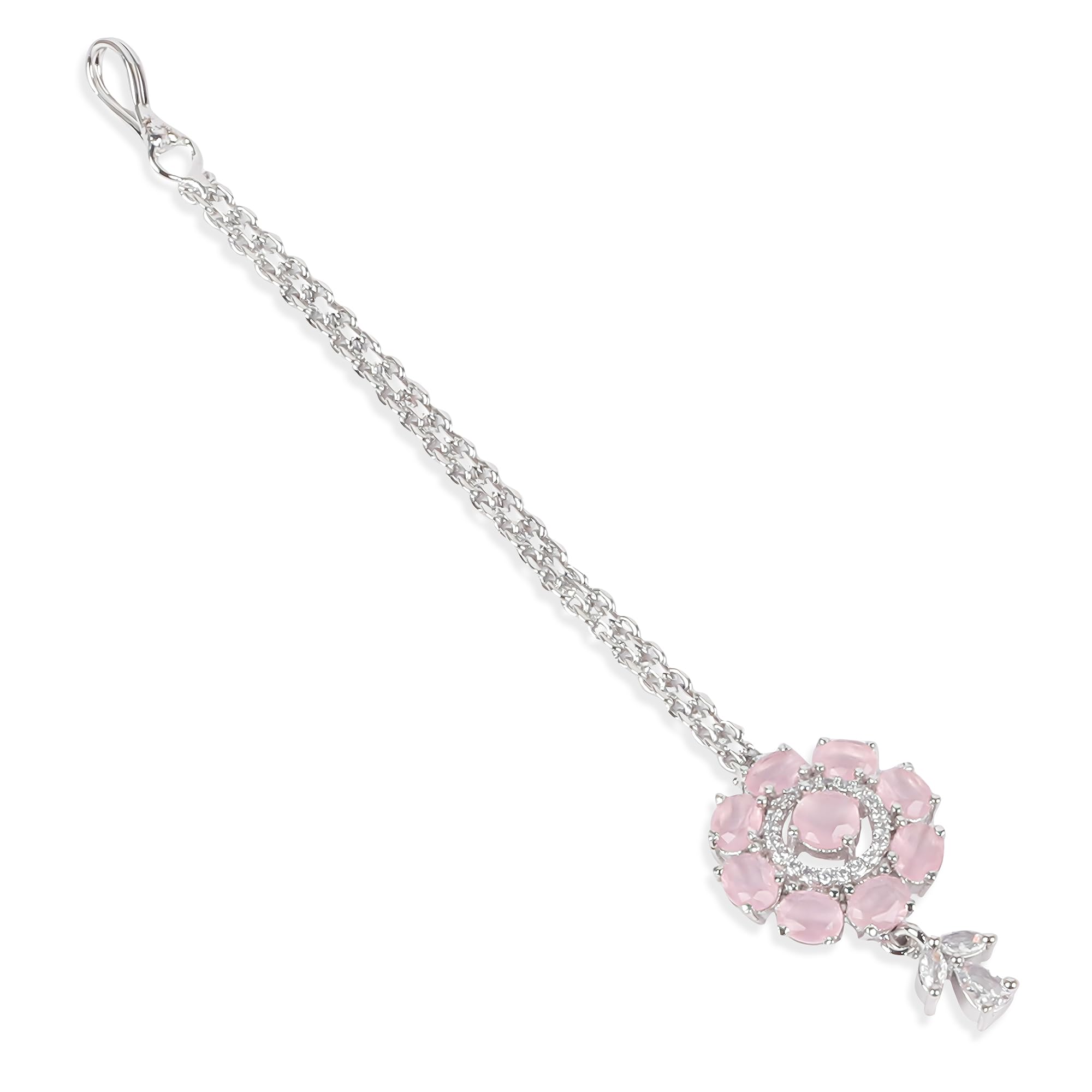 Silver Stone Plated Maang Tikka for Womens | Crystal Studded Maangteeka