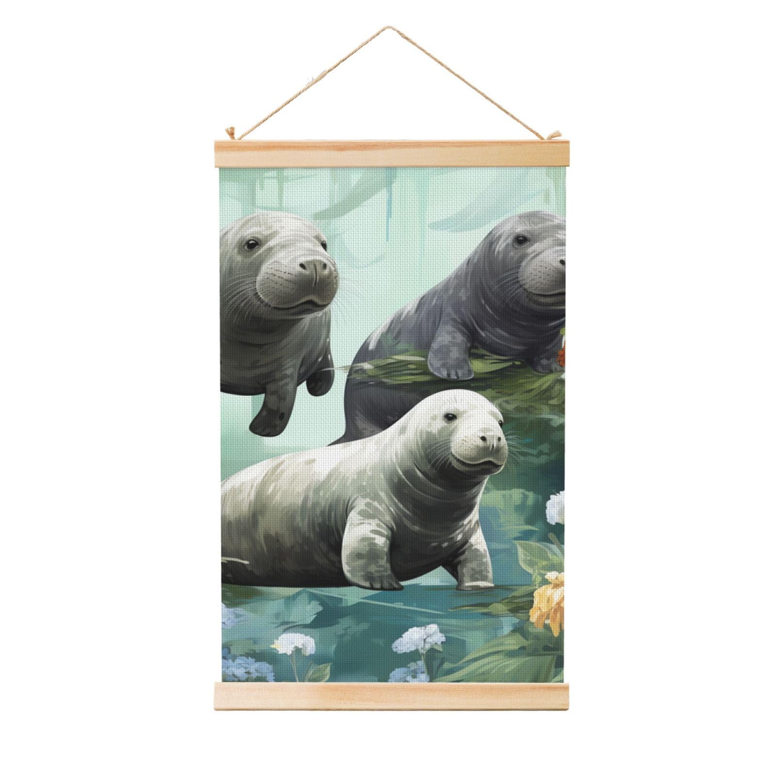 Rabbits Manatees Posters Wooden Shaft Hanging Poster Canvas Prints Scroll Wall Art Painting Vintage Wall Banner Modern Artwork Decor for Home Decor Ready to Hang 12"x18"