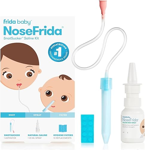 NoseFrida The Snotsucker Kit de aspirador nasal y spray nasal salino para bebé con 10 filtros de higiene por Fridababy Alivio de congestión nasal