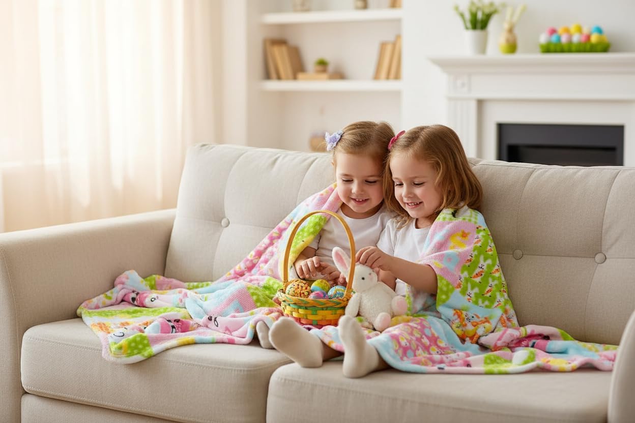 Spring Easter Throw Blanket: Playful Patchwork of Spring Bunny Characters, Soft Cozy Velvet Fleece, Pink Blue White, 50" x 60" Inch for Girls Boys (Easter Patch)