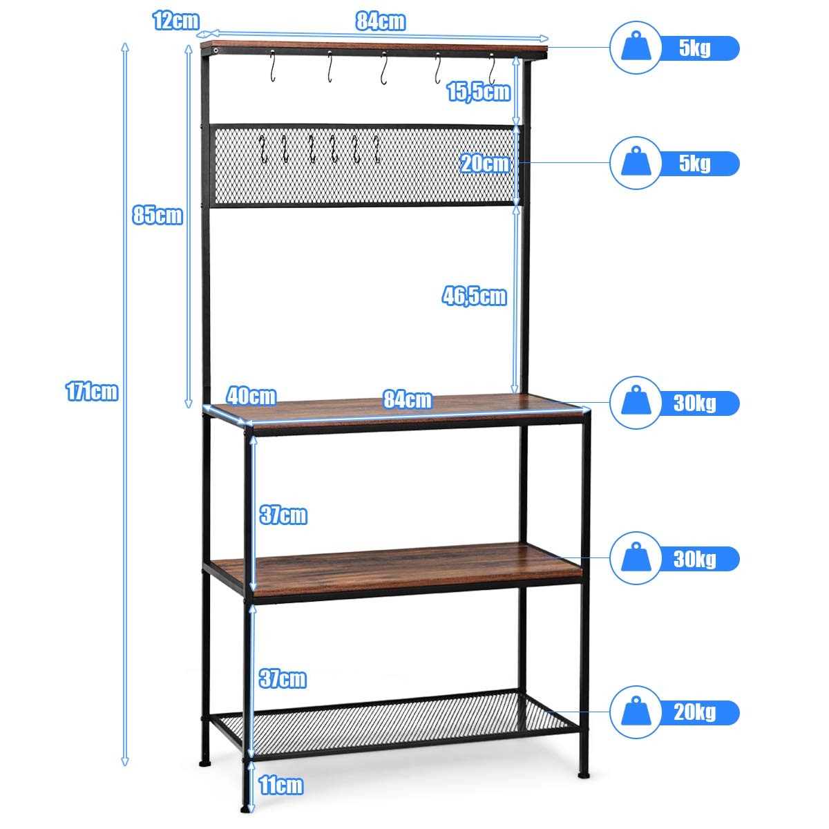 COSTWAY Étagère de Cuisine, Support pour Four à Micro-Ondes à 3 Etages, 11 Crochets en S et 1 Panneau en Grille, Meuble Rangement pour Epices, Pots, Casseroles, Pieds Antidérapants de Style Industriel
