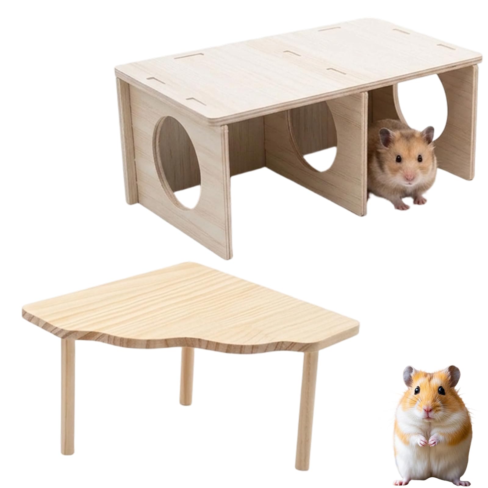 2 Pcs Hamster Platform, Hamster Hide, Hamster Cage Accessories with Multi Chamber Hide for Syrian Hamsters, Wooden Small Animal Shelter for Cage Enrichment and Natural Behaviour Stimulation