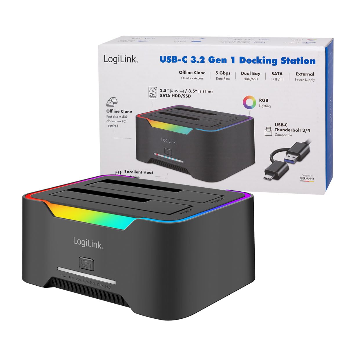 LogiLink Doppia docking station USB-C 3.2 Gen1 a 2 porte, per dischi rigidi da 2,5" e 3,5", SSD/HDD, con clone offline (senza clonare i dischi rigidi PC), 5 Gbps di trasferimento dati