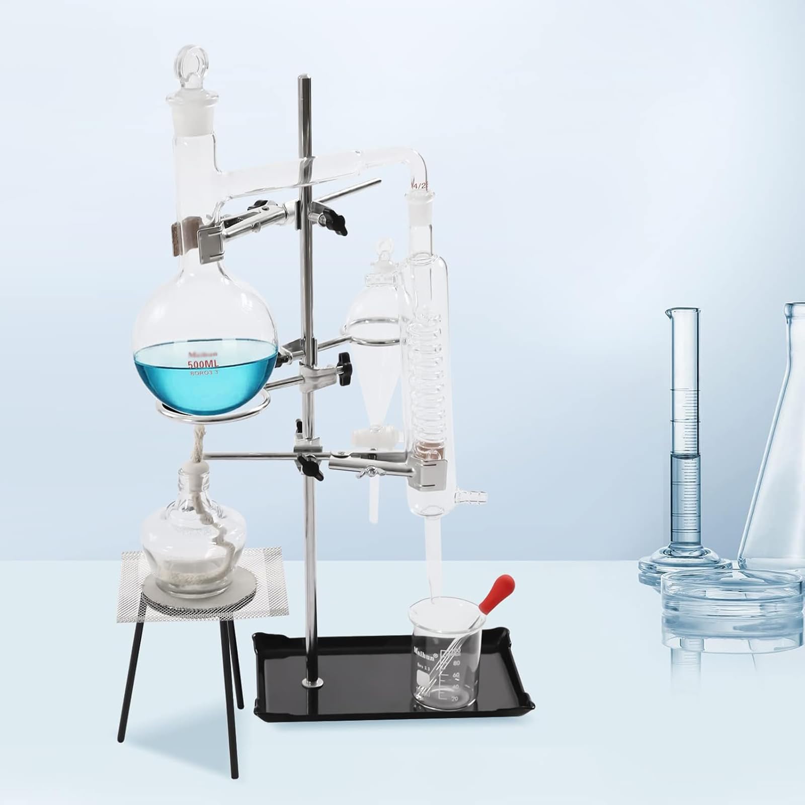 NGARY Zestaw do destylacji 500 ml, urządzenie do destylacji szkła laboratoryjnego z lampą alkoholową, pogrubionym kolbą, sitkiem ceramicznym i chłodnicą serpentynową do nauk przyrodniczych w domu