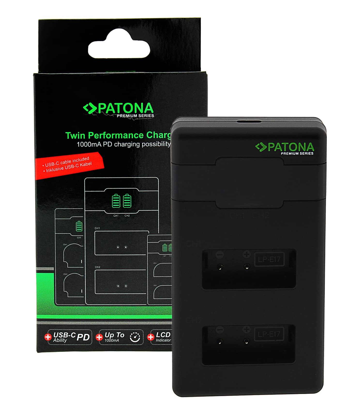 PATONA LP-E17 Premium Caricabatterie PD-Performance (1000mAh), Caricatore Dual LCD USB-C PD/QC capace, ricarica rapida con alimentatore 20W compatibile con Canon EOS RP R8 R10 R50 M3 M5 M6 Rebel SL3