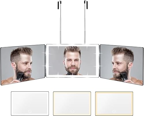 Espejo de 3 vías con luz de 3 colores, espejo autocortado, espejo de peluquería ajustable, ganchos telescópicos para corte de cabello, espejo 360