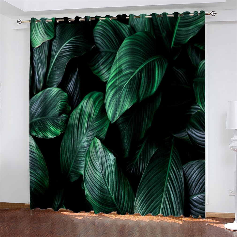 Tomifine Tropical Curtains Thermal Insulated Blackout Curtains Palm Tree Leaf Pattern Drapes (52" W (132cm) x 63" D (160cm) x 2,Dark Green)