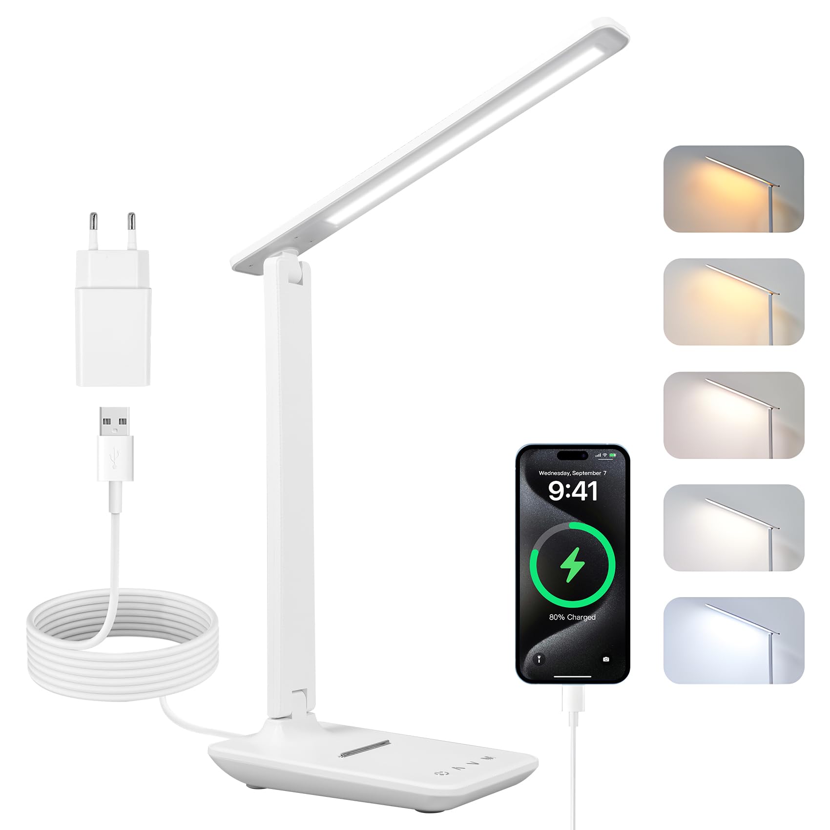 Carehabi Lampe de bureau LED, Dimmable avec Support Téléphone