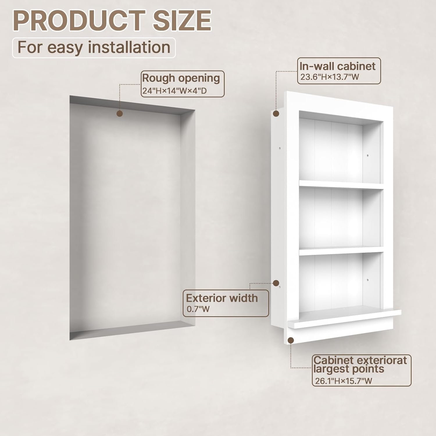 wall niche medicine cabinet with recessed shelves – 14x24 organizer for bathroom, kitchen or bedroom – white modern storage cabinet for built-in look