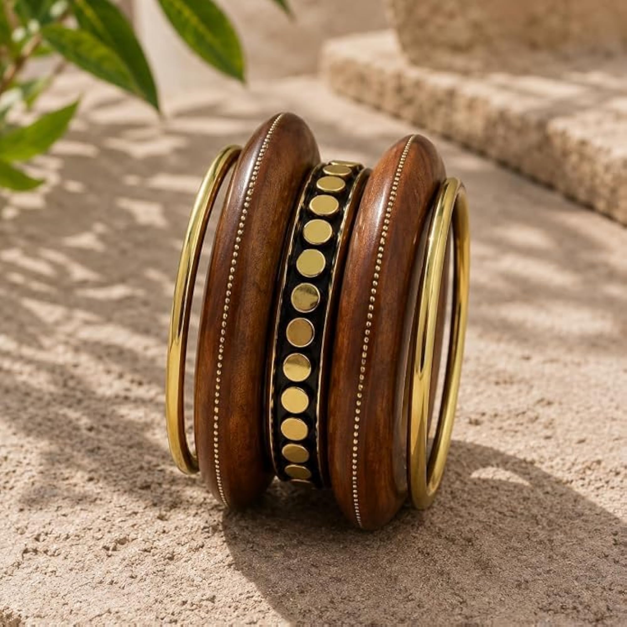 Wooden & Brass Bangles, Ethnic Statement Set