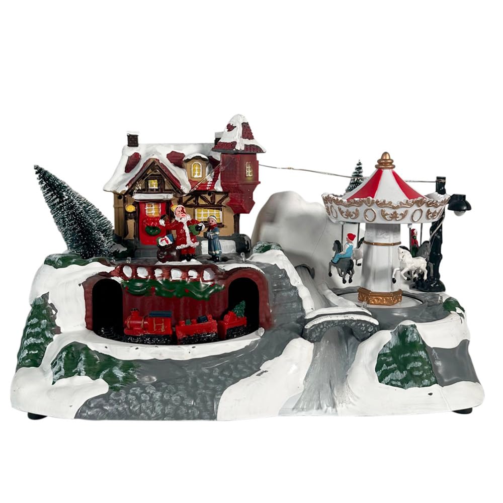 PALUPLUS Villaggio Innevato di Natale da tavola con Luci, Musica e Movimento, Misura 31x19,5x21 cm, Giostrina con Casetta, Treno, Carosello, Decorazioni Natalizie -8072C