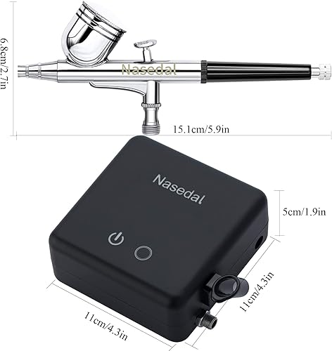 Miniatura 5 de Nasedal Kit de aerógrafo con compresor de aire de parada automática de 0.012 in Pistola de cepillo de aire de doble acción para pintura modelo,
