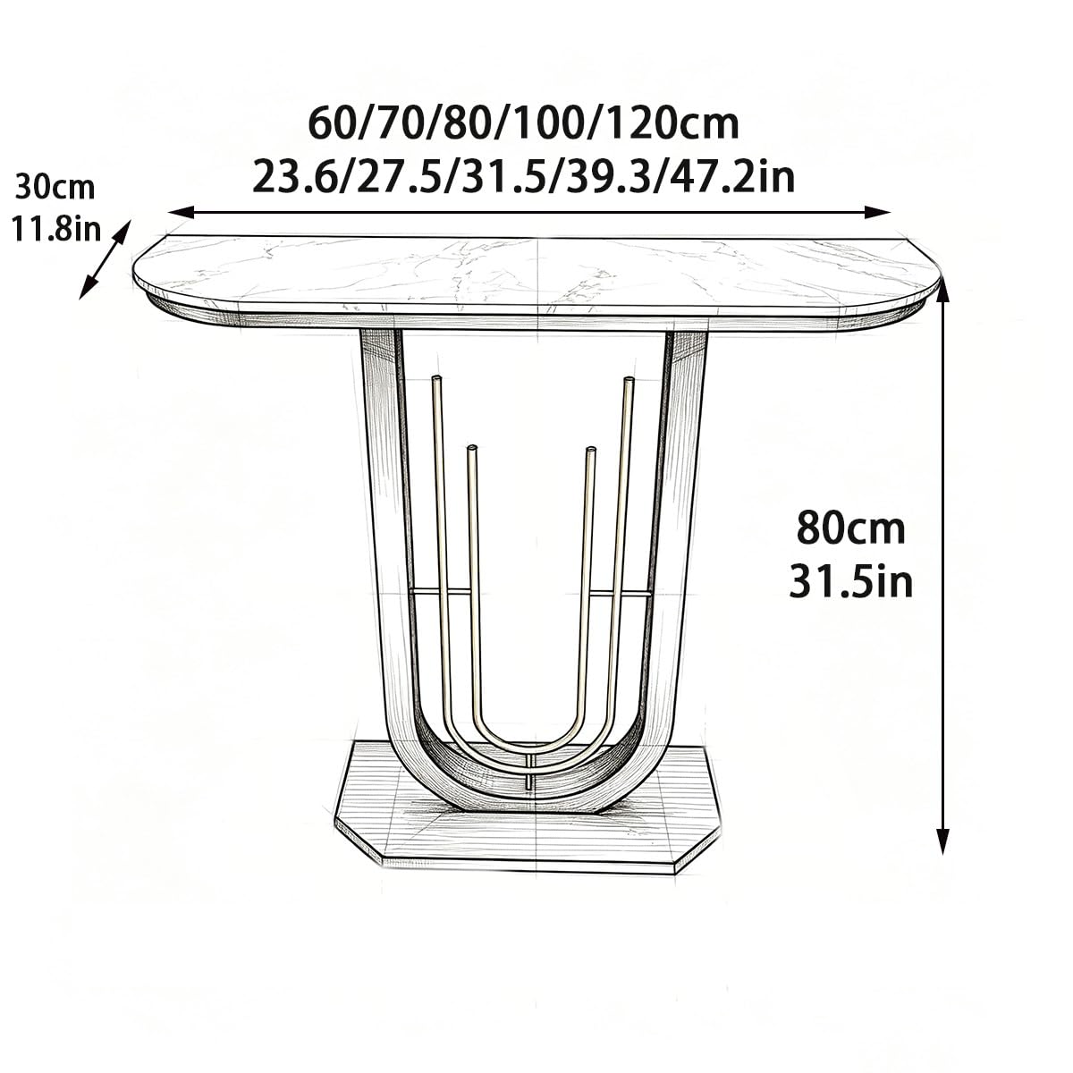 Consolle A Mezzaluna in Pietra Sinterizzata | Tavolo Stretto Salvaspazio Per Ingresso Con Telaio Metallico Dorato A Forma Di U, Per Atri E Corridoi Di(White,80cm/31.5in)