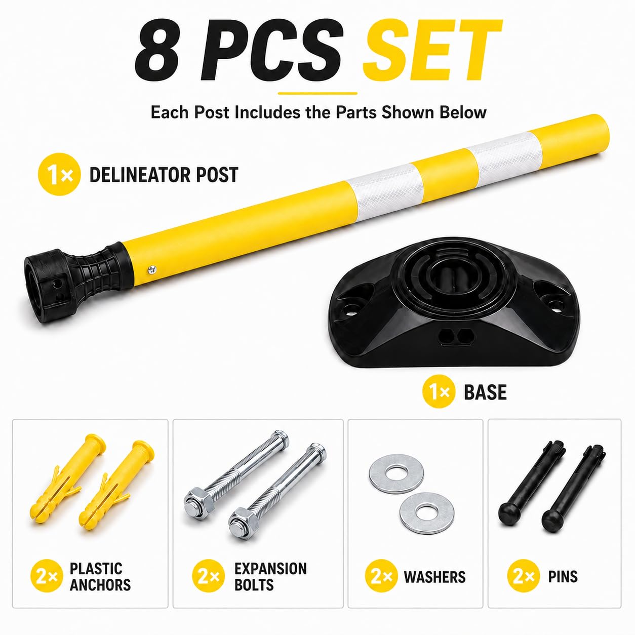 Lote de 8 postes de señalización flexibles de 91 cm – Resistente a impactos, autoenderezable y reflectante – Ideal para entradas, parkings y aceras (Amarillo)