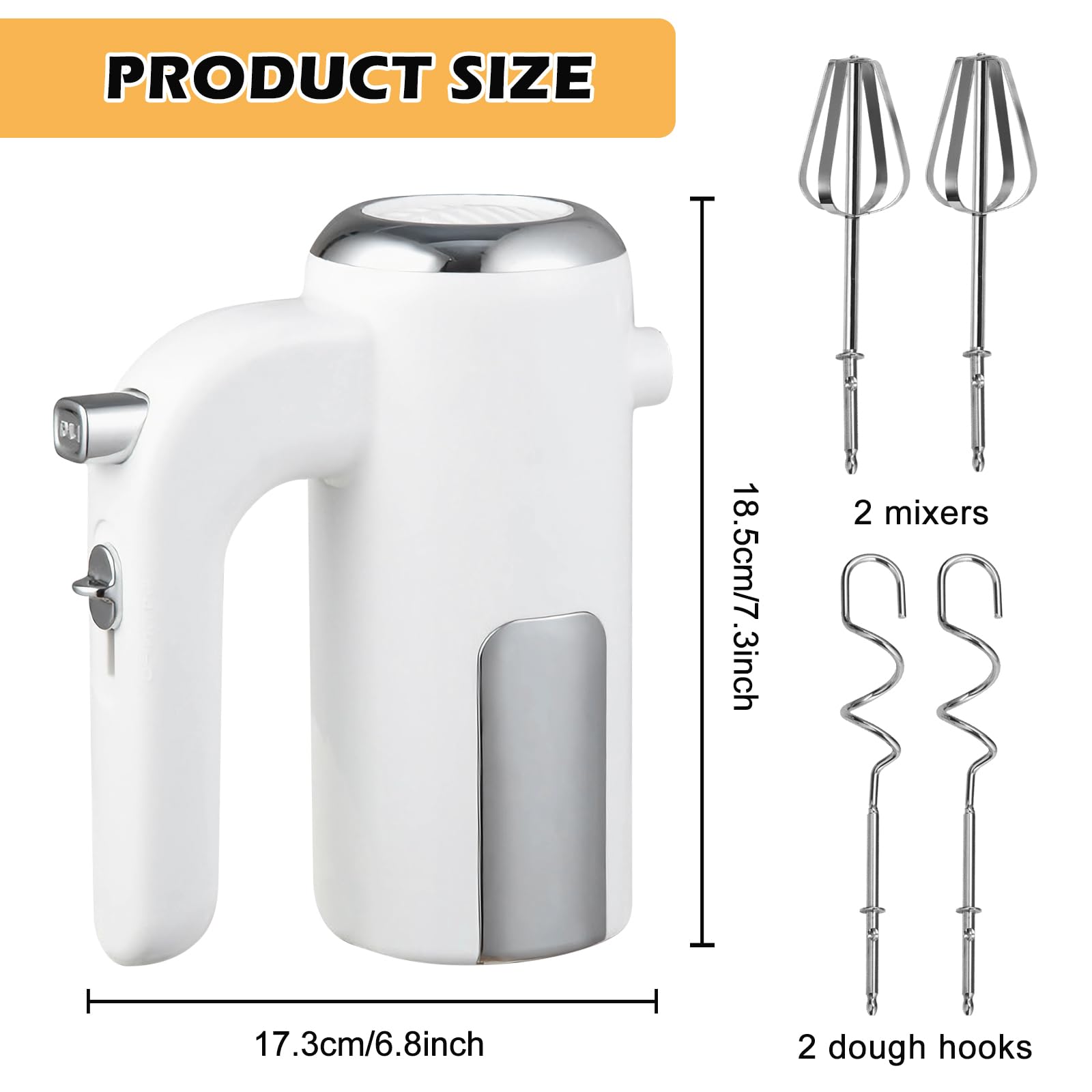 Handmixer 400W, Handrührgerät mit 5 Stufen & Turbo-Funktion, Edelstahl Rührgerät Hand Mixer mit 2 Rührbesen, 2 Knethaken, One-Click Reinigung, für Küche, Backen, Mixen & Kochen