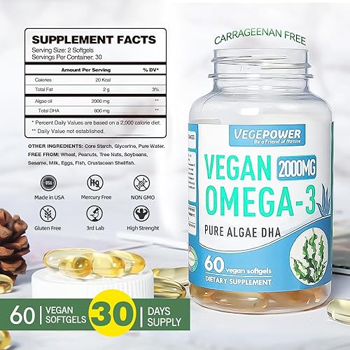 Miniatura 6 de Suplemento vegano Omega 3 DHA Aceite de algas, DHA a base de plantas, 800 mg, sin carragenina, reemplazo para aceite de pescado, apoya el corazón,