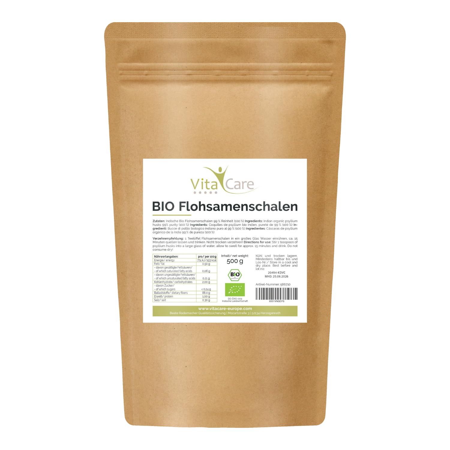 VitaCare, Cáscaras de Psyllium, Ricas en Fibra, Veganas y Sin Gluten, Favorecen la Digestión, Sin Sabor, 500 g