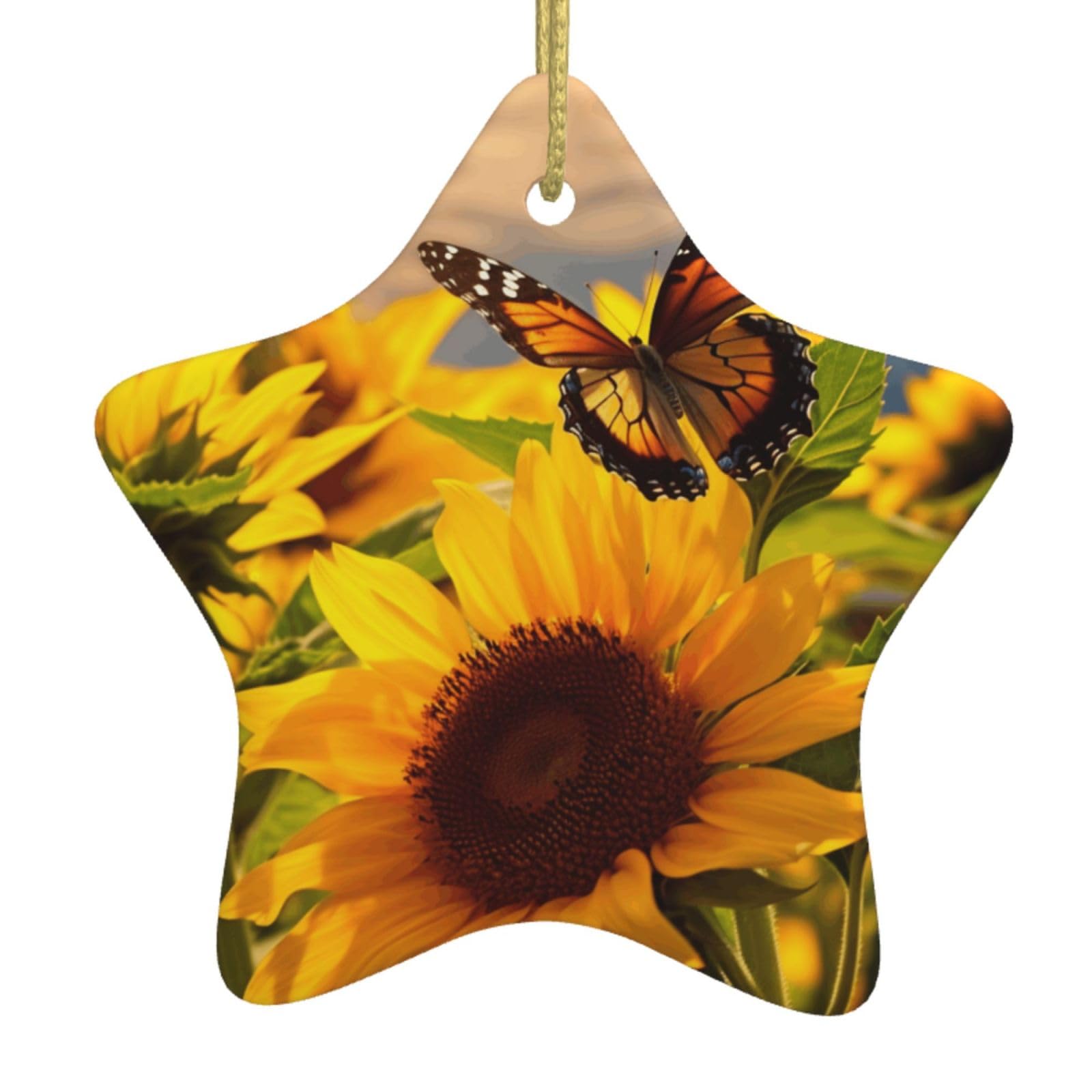 Ceramic Christmas Tree Hanging Ornaments with Gold Ropes Christmas Tree Decorations Star Ceramic Sunflower Butterfly Pendant Keepsake Decorations for Holiday Xmas Gift Ideas