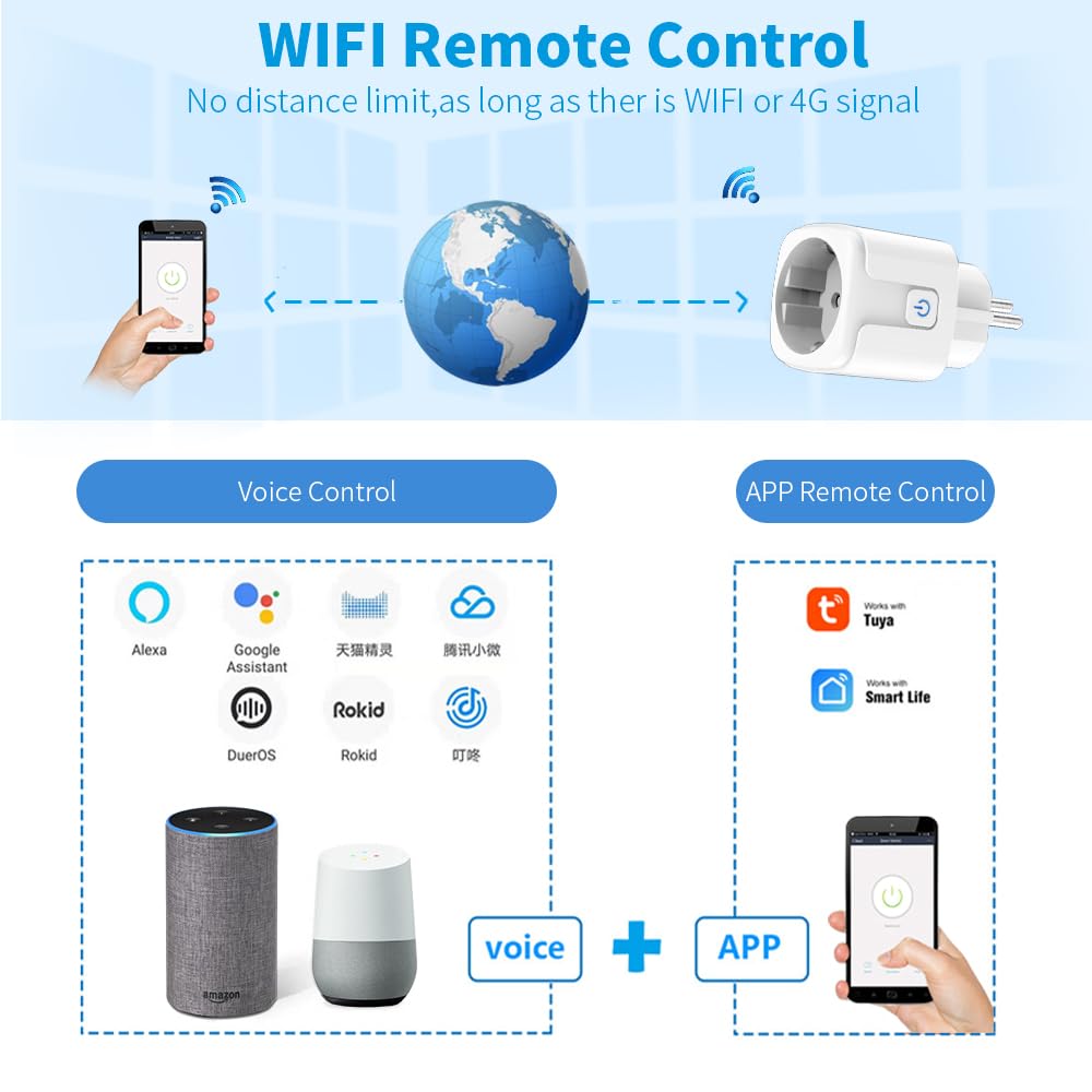 WLAN Steckdose mit Strommessung, 16A, Smart Plug, kompatibel mit Alexa & Google Home, App-Fernbedienung, Zeitschaltuhr, 2,4 GHz, Tuya/Smart Life (Grün 4 PACK)