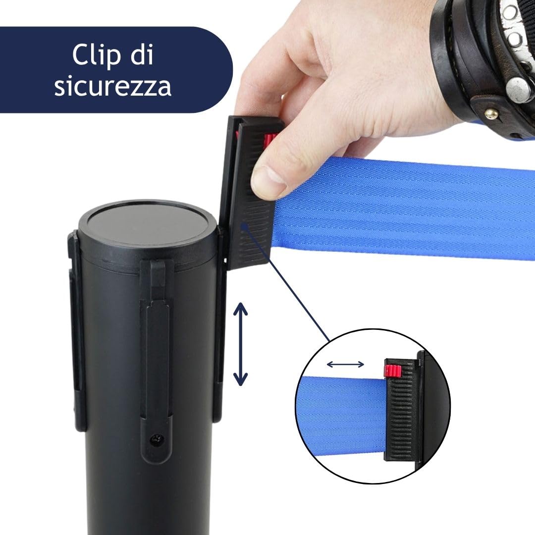 Danieli - Colonnina Segnapercorso con Nastro Estensibile Fino a 3 Metri, Metallo Nero Opaco, Base Conica (Blu)