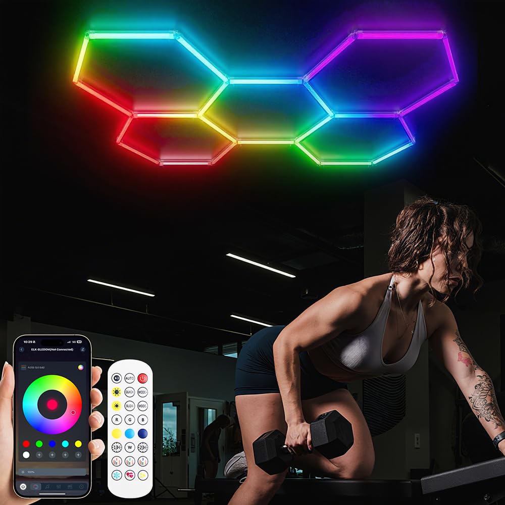 Luminaire LED hexagonal RGB pour garage | Plafonnier LED à 5 grilles pour garage, application connectée et télécommande, à monter soi-même
