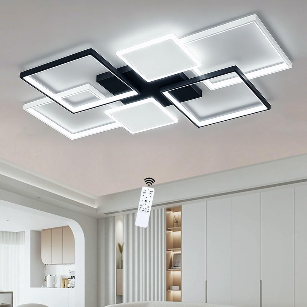 LIUYU Lámpara led de techo salón regulable 90x60cm negro-blanco 75W | Lámpara techo con mando a distancia, 6400lm, diseño rectangular, memoria 3000-6500K, luz de techo salón cocina dormitorio