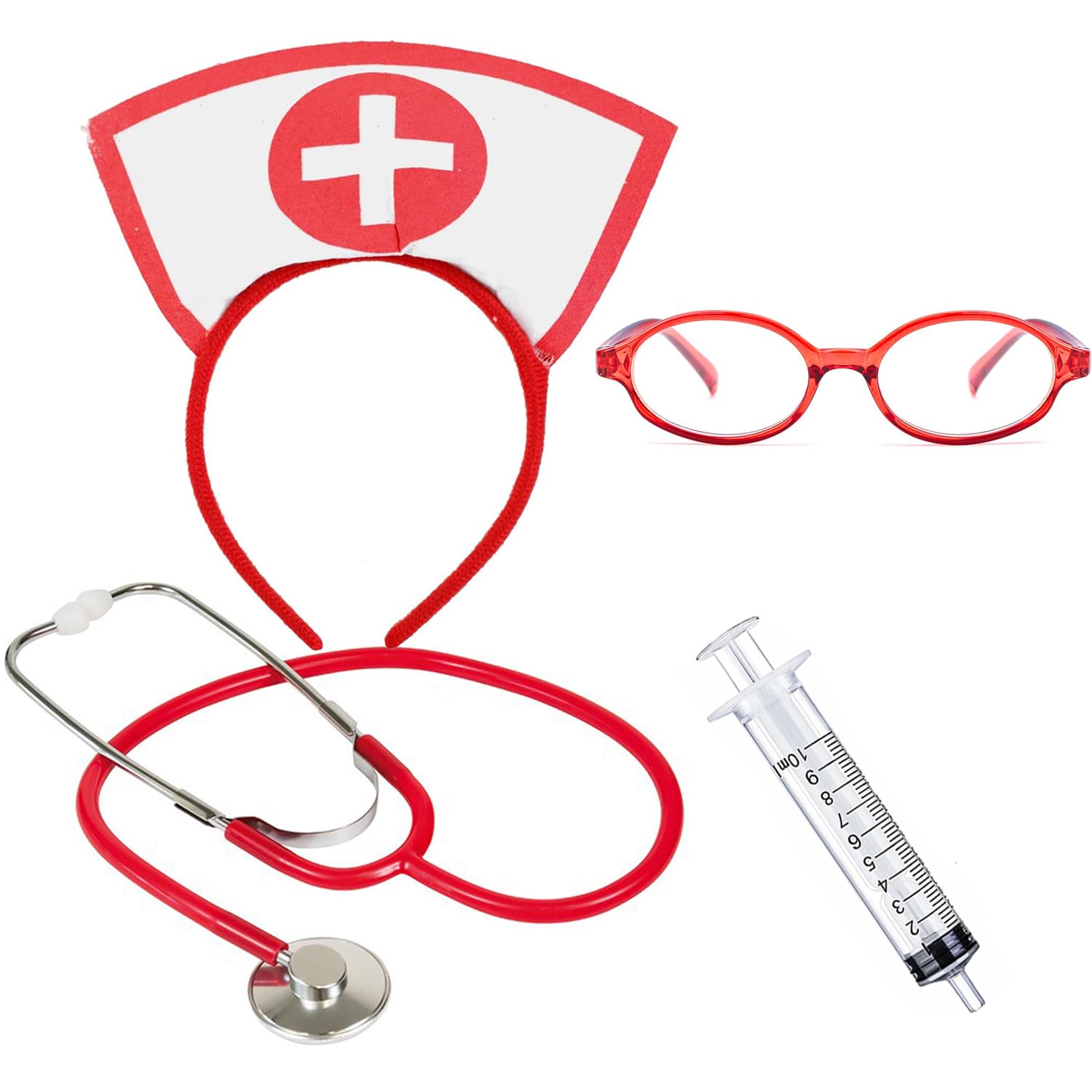 Ausejopeac Halloween Costume Accessory, 4Pcs Nurse Costume Set Nurse Hat Headband Stethoscope and Glasses Set Sexy Halloween Role Play Party Fancy Dress