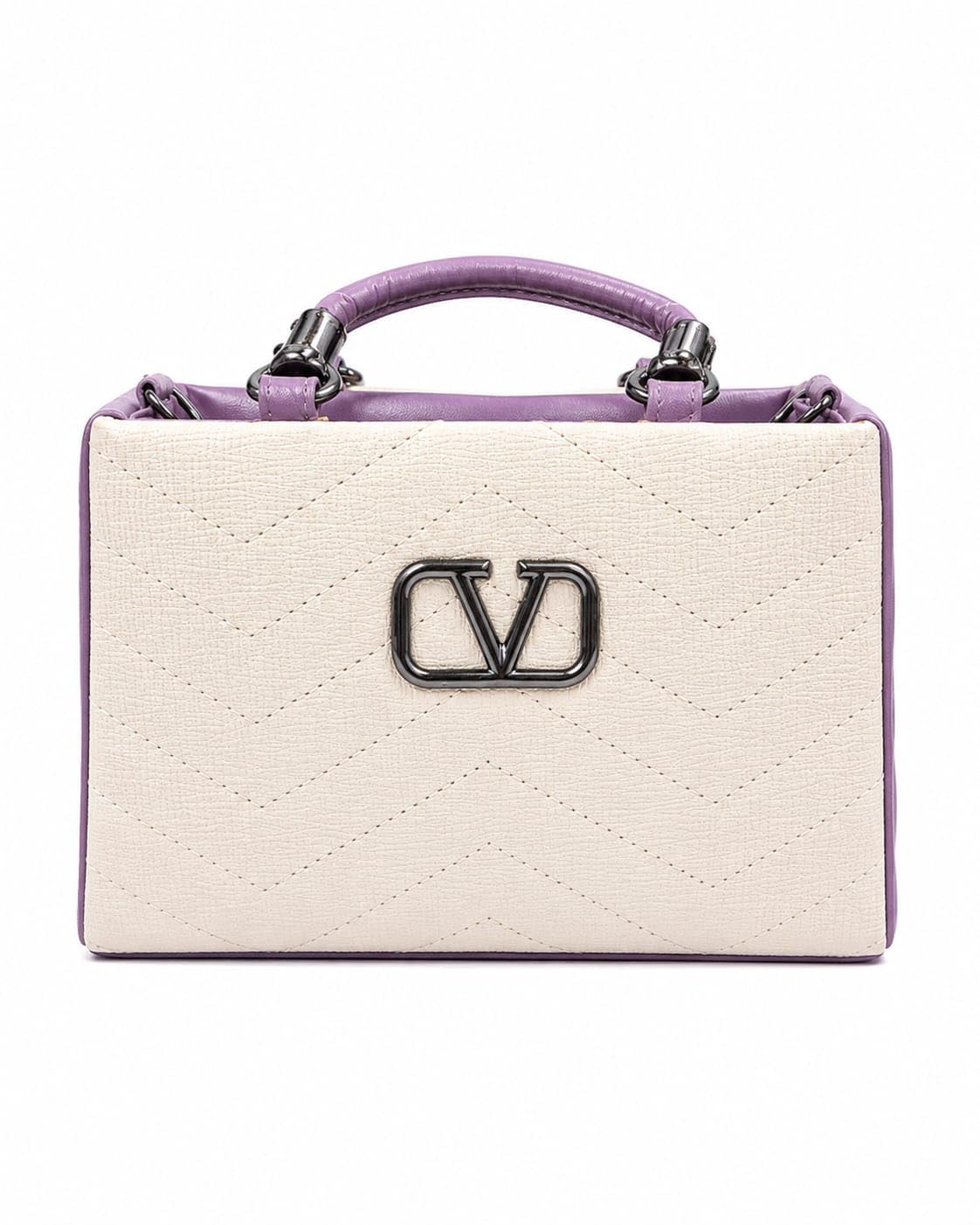 Quilted Satchel Handbag with Top Handle Cream and Purple-image-40