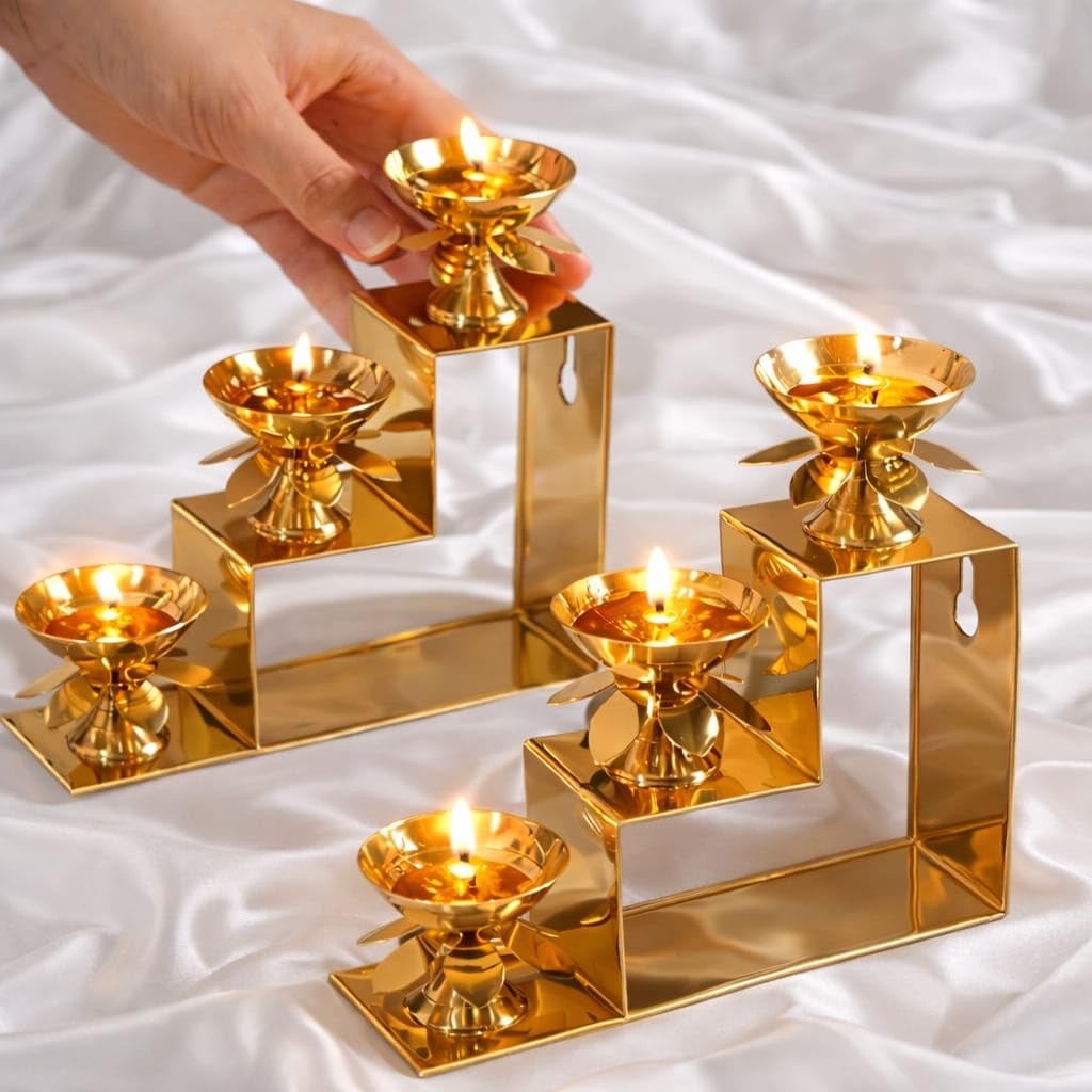 generic MONISH HANDICRAFTS : Brass Lotus Diya Oil Puja Lamp Piller Stand 3 Step Diya for Home Temple Pooja Articles Decor Gifts (1Pcs)-picture-10