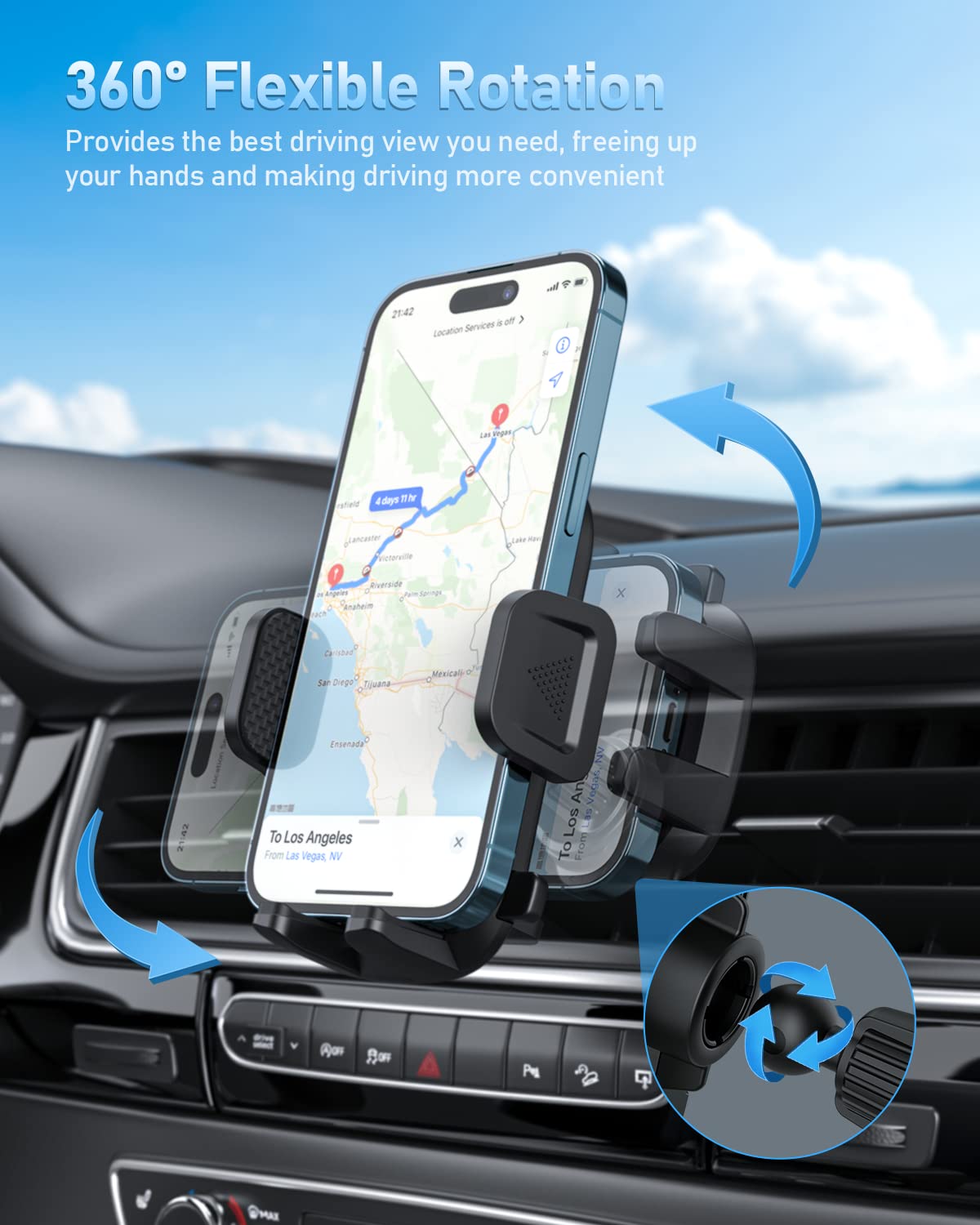 Support Téléphone Voiture [Clip de Qualité Militaire] pour Smartphone 4-7", Accroche Téléphone Rotatif à 360° – Compatible iPhone 16/15/14/13 Pro Max, Samsung/Xiaomi/Huawei