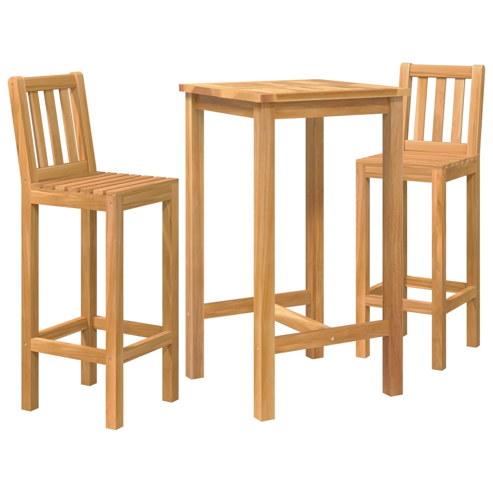 Juego de bar al aire libre de 3 piezas de madera maciza de teca – Juego de jardín con 1 mesa de bar y 2 taburetes para jardín, balcón y terraza, mesa alta de madera natural sin tratar