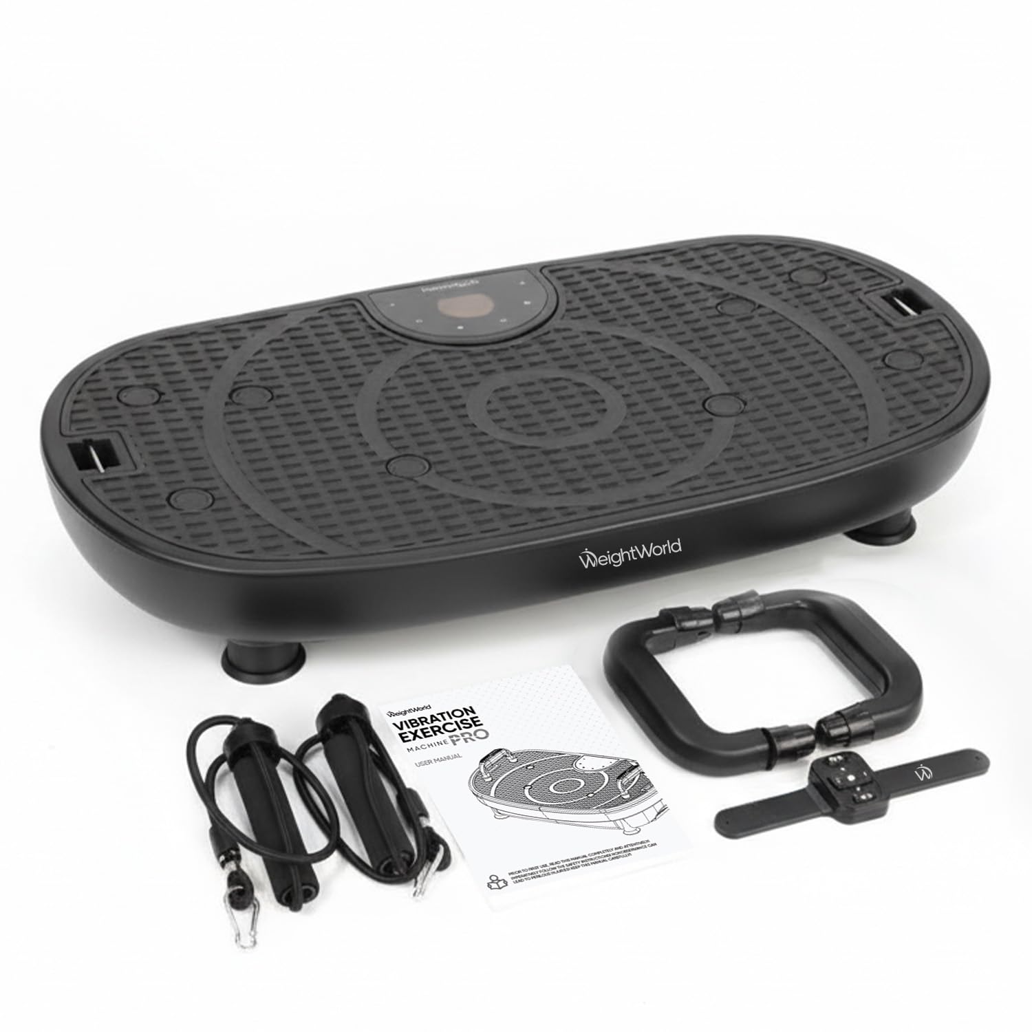 Vibration Plate Exercise Machine Pro - For Full Body Workouts - 7 Programs & 180 Speed Levels - Vibration Fitness Trainers with Bluetooth & Transport Wheels - Includes Push-Up Bars & Resistance Bands