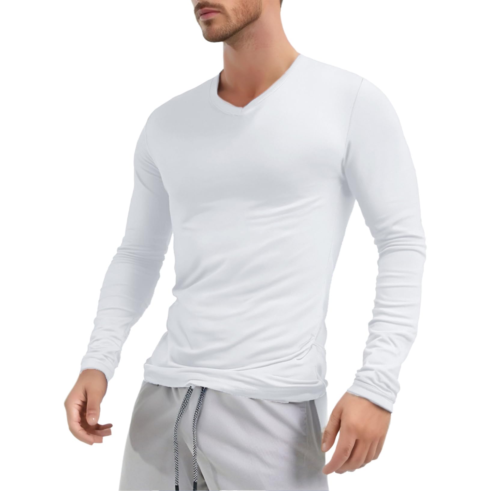 Oyolan Homme Maillot de Corps Manches Longues Col V Haut Thermique T-Shirt Undershirt sous-vêtement S-3XL Blanc M