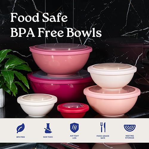 Miniatura 6 de WHYSKO Juego de cuencos para mezclar, 12 cuencos de plástico coloridos con tapas para almacenamiento y servicio de alimentos, aptos para microondas