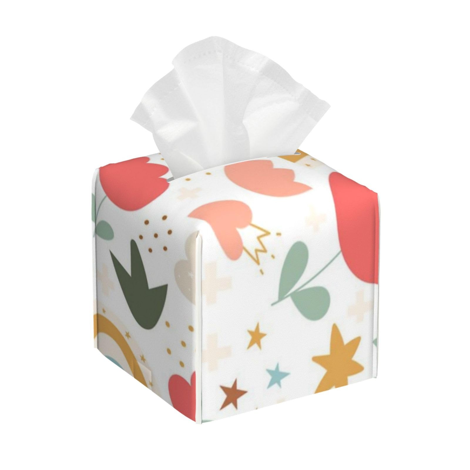 Flower Leaves Rainbow Star Heart Tissue Box Cover 5" Square Leather Tissue Holder Facial Tissue Case for Tabletop Bedroom Bathroom Desk Decor
