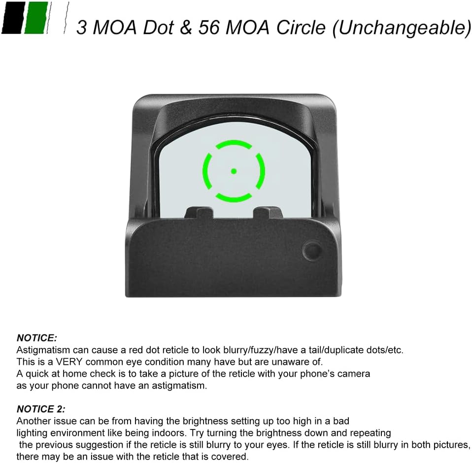 ZULISY OAKc 3 MOA Green Dot & 56 MOA Circle Reticle Reflex Sight for Astigmatism, fit RMR/407C Footprint Optics-Ready Cut Pistol, Shake Awake, 1x24mm Full Size Open Optics & Rifle Picatinny Mount