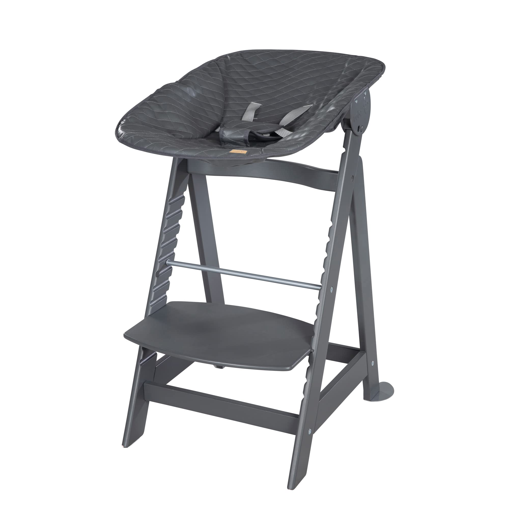 roba Seggiolone "Born Up" Set 2 in 1 - Design "Graphite quilted" - Funzione Pieghevole - Imbracatura - 2 Posizioni - da 0 a 6 Mesi - Legno Laccato Grigio Antracite