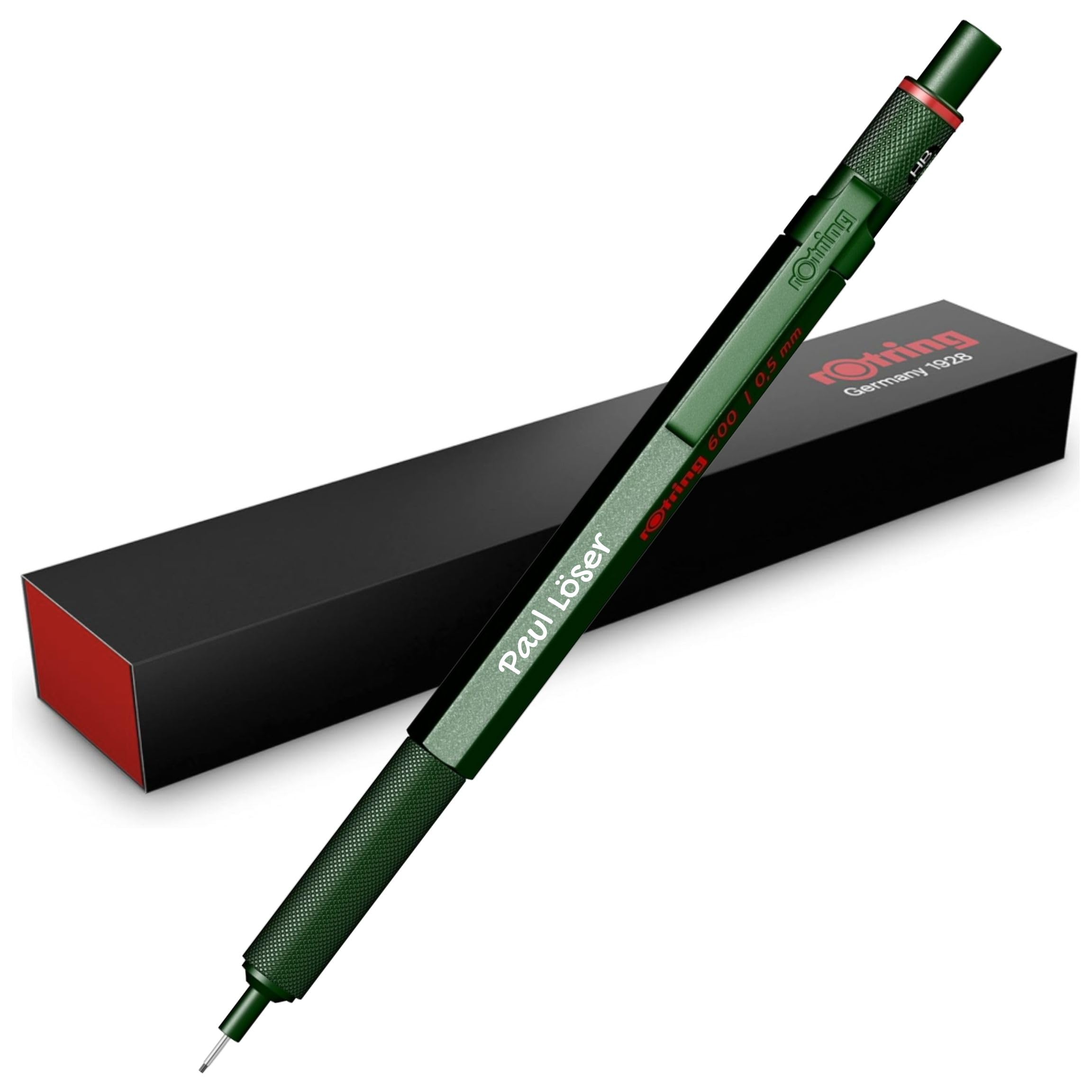 rOtring 600 portamine meccaniche, corpo in metallo, con incisione personalizzata, mina fine di alta qualità, idea regalo per uomini e donne (verde)