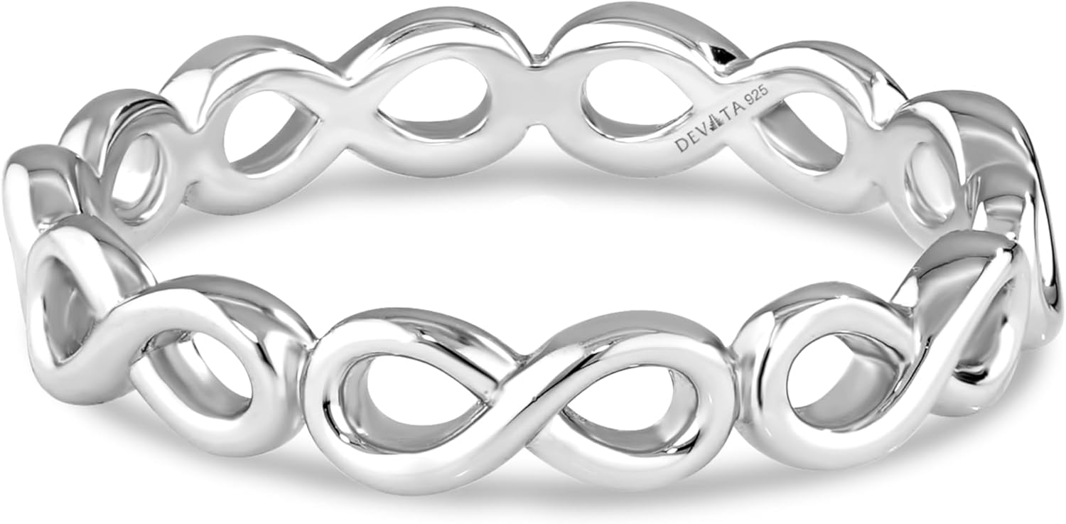 DEVATA Gold or Rhodium Plated Sterling Silver 925 – Eternity, Band Ring for Women – Heart, Knot, Clover, Infinity, Mariner, Cable, Curb, Cuban, Figaro, Daisy, Rope, Ribbed, Dome