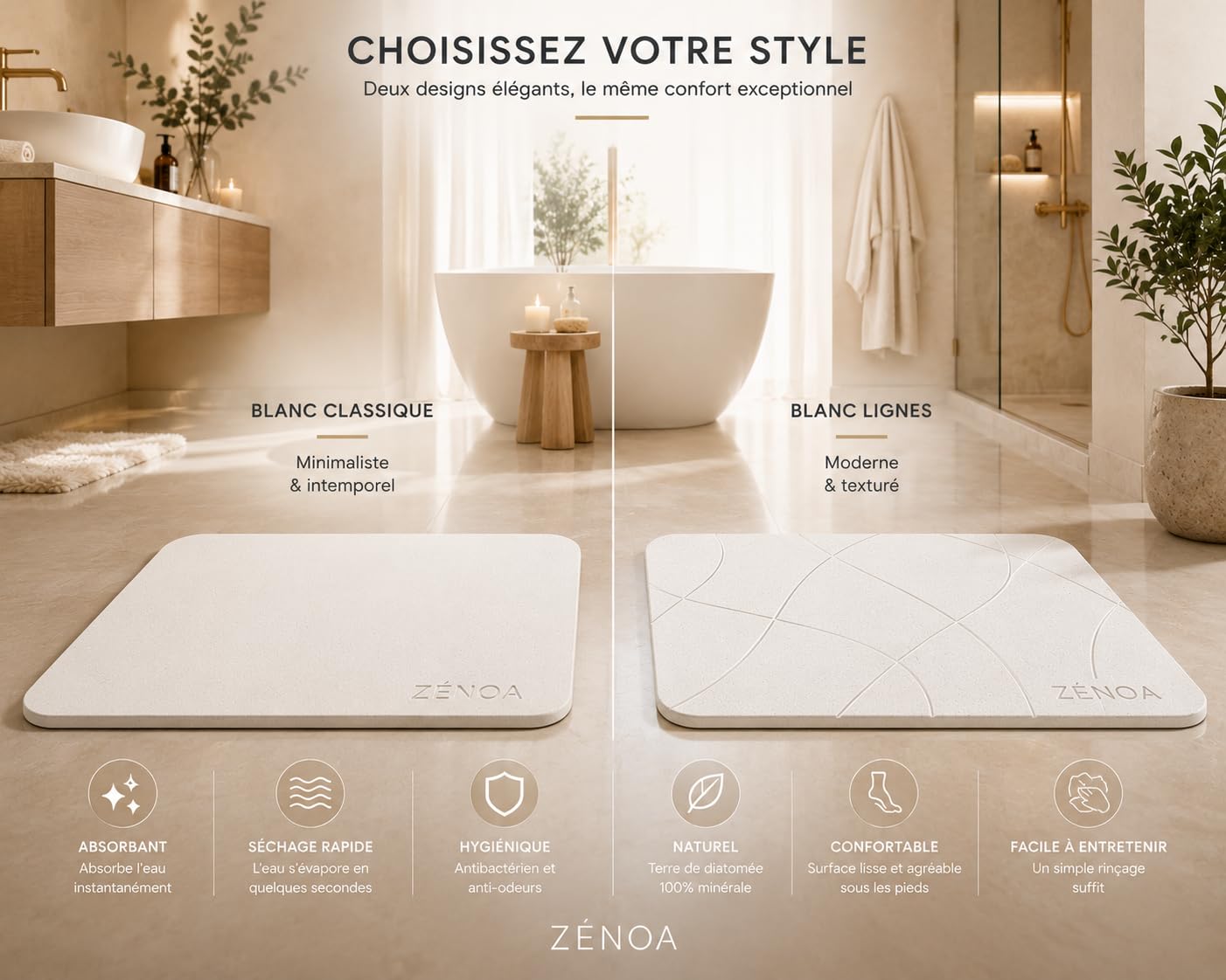 Tapis de Bain en diatomite 60 x 39 cm - Séchage instantané, antidérapant, Surface minérale Ultra absorbante - Blanc & Gris Ligne